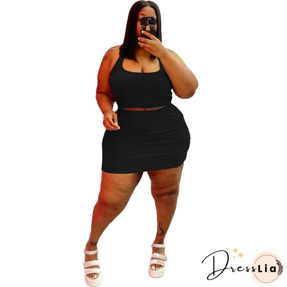 Plus Size Summer Solid Women Square Neck Sleeveless Crop Top+Elastic Waist Mini Skirt 2 Piece Set