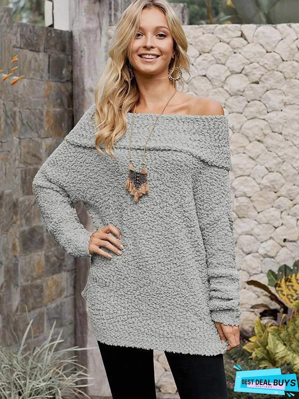 Plain One-Shoulder Collar Velvet Sweater