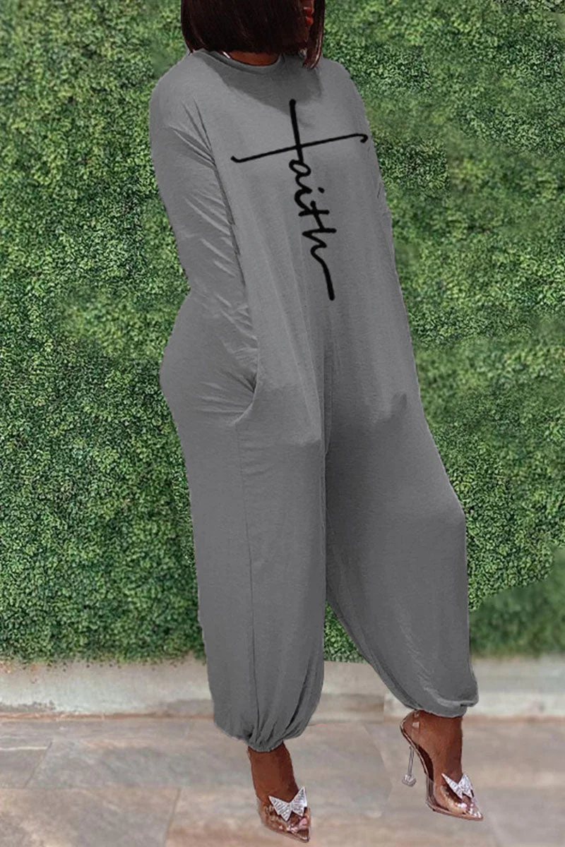 Casual Letter Print Without Belt O Neck Loose Jumpsuits
