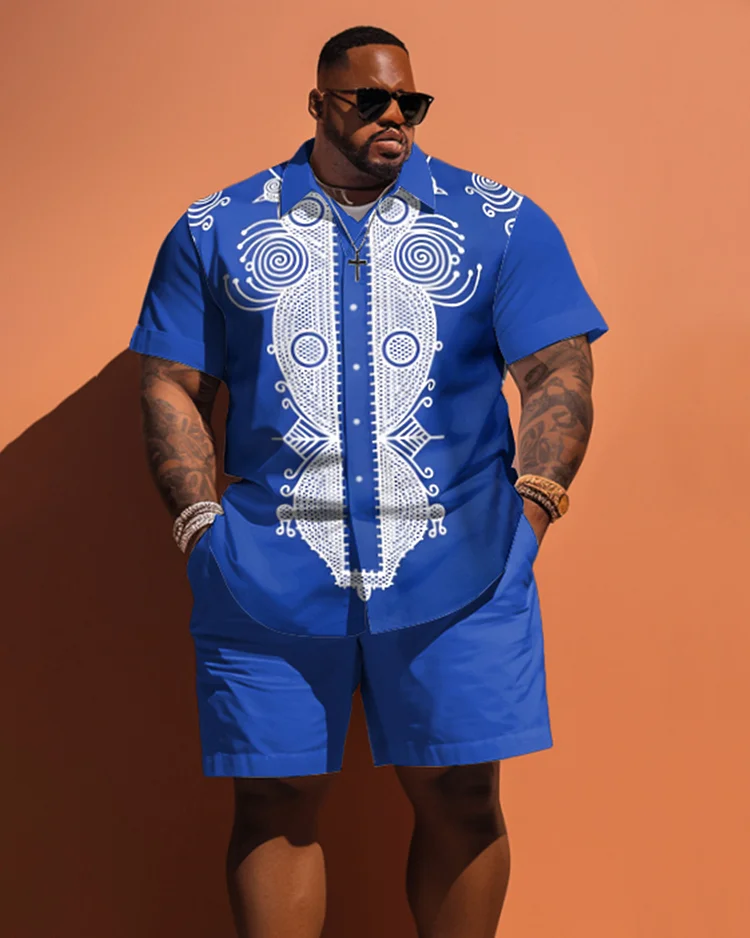 Men's Plus Size Simple Pattern Short Sleeve Shirt And Shorts Set