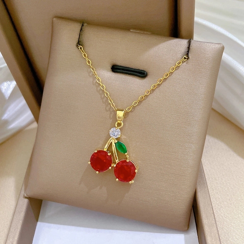 Minimalist Classic Style Artistic Cherry Titanium Steel Copper Zircon Gold Plated Inlay Pendant Necklace