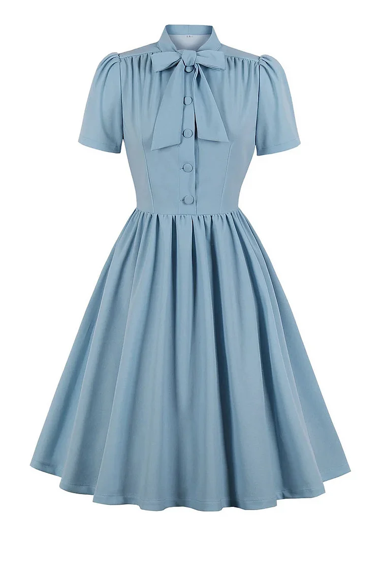 1950s Solid Tie Bow Button Short Sleeve Swing A Line Midi Dresses
