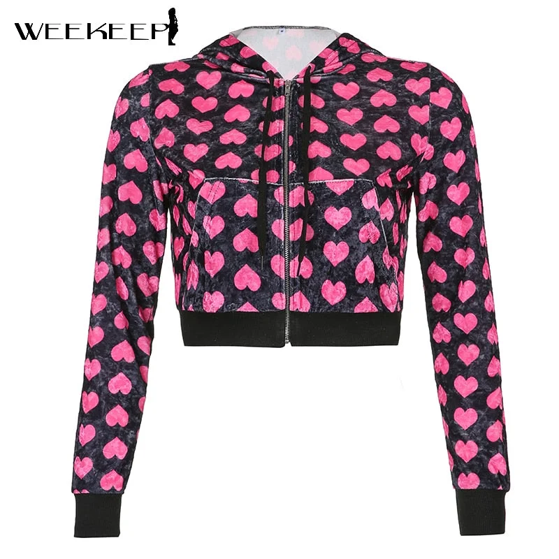 Weekeek Pink New Cropped Jacket Velvet Long Sleeve Girl Hoodies Kawaii Heart Sweatshirt Spring Autumn Zip Up Streetwear Harajuku