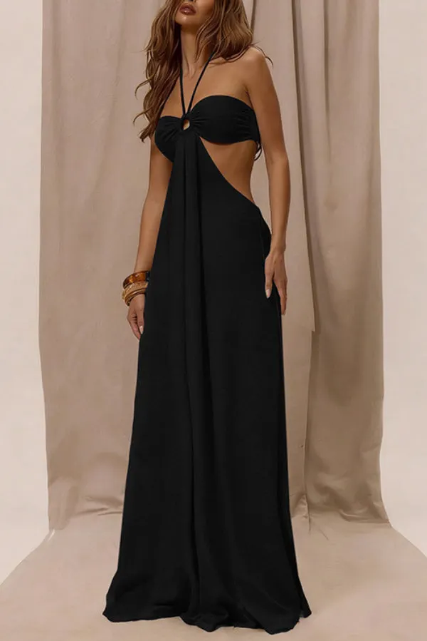 Solid Color Halter Neck Cutout Casual Loose Wide-leg Jumpsuit
