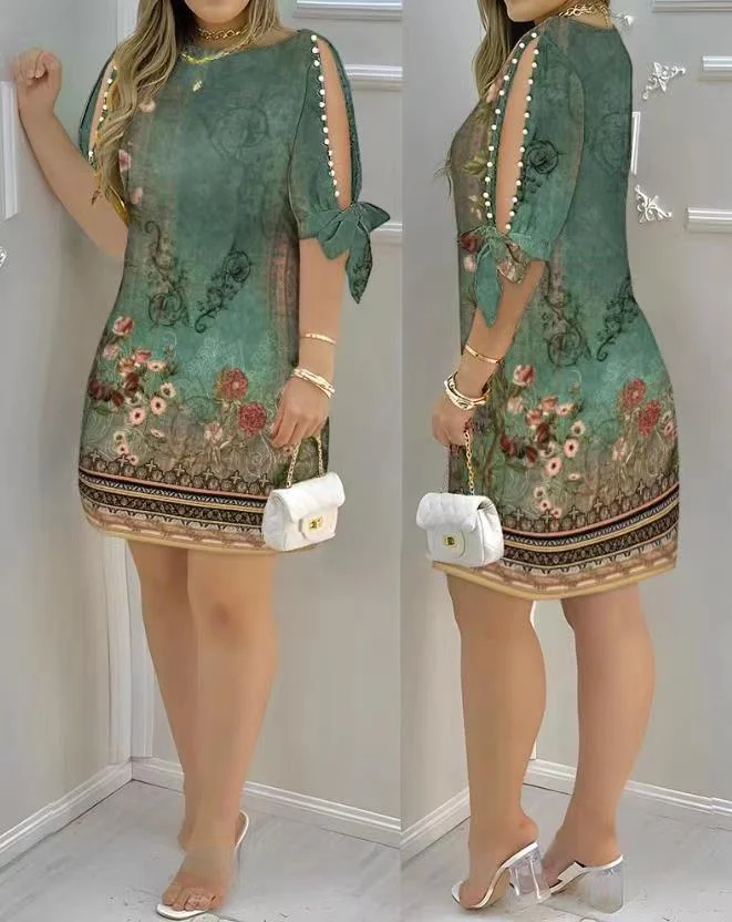 Mongw Mongw Summer Women's Chinese Retro Family Style Loose Casual Round Collar Print Cover Dress
