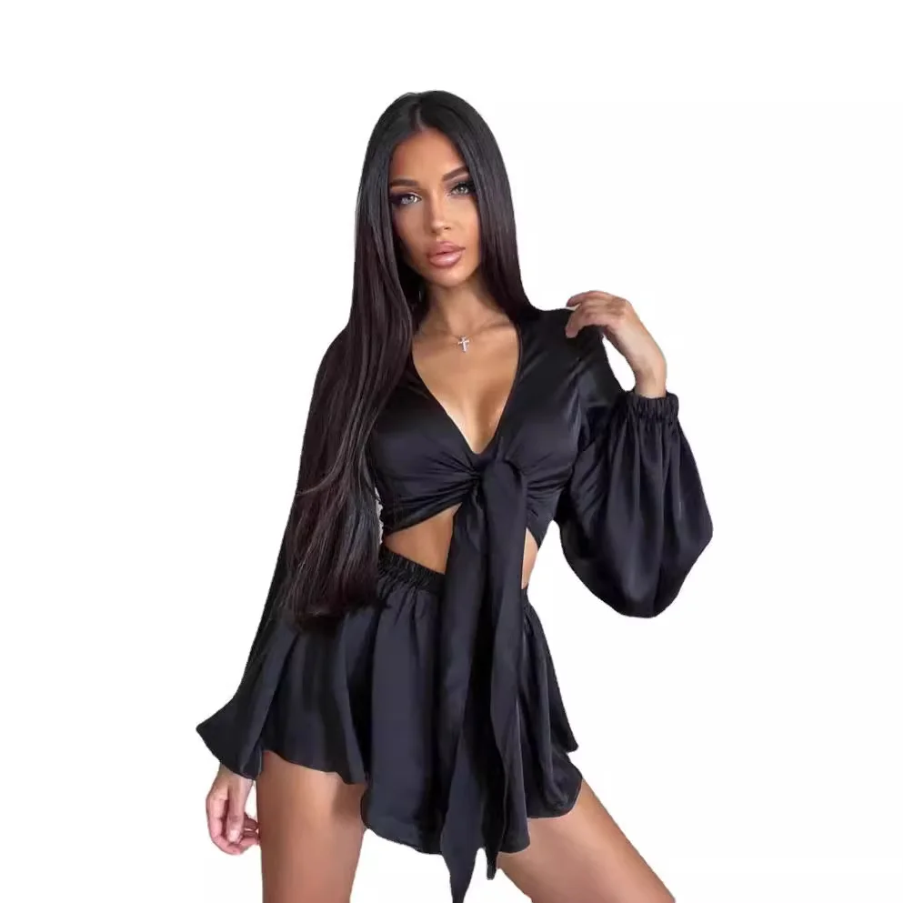 Nigikala Nigikala New Paired With Sexy French Long-Sleeved Top Short Suit