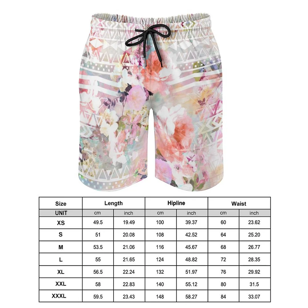 SFNEEWHO Aztec Pink Teal Watercolor Chic Floral Men's Swim Trunks Summer Board  Shorts Quick Dry Beach Short with Pockets 17.99