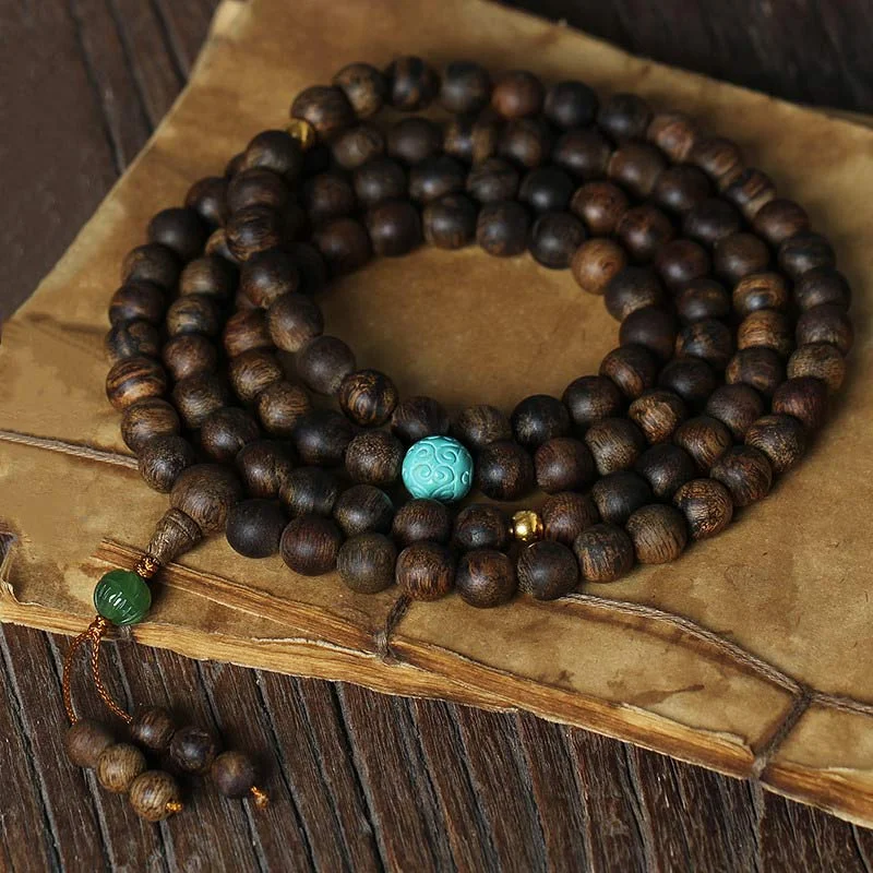 108 Mala Beads Agarwood Turquoise Prayer Meditation Necklace Bracelet Mala