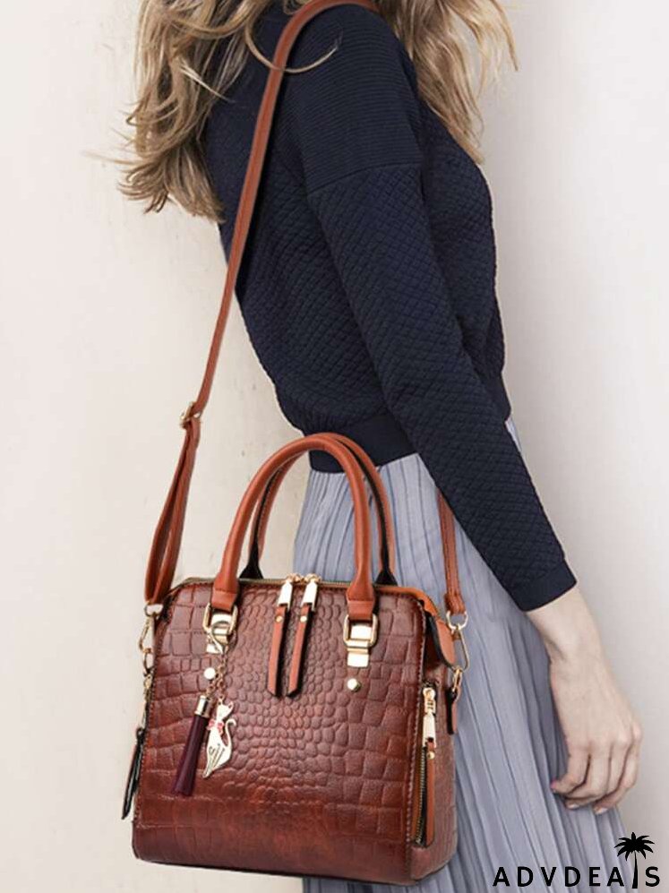Crocodile Embossed Cat & Tassel Decor Square Bag