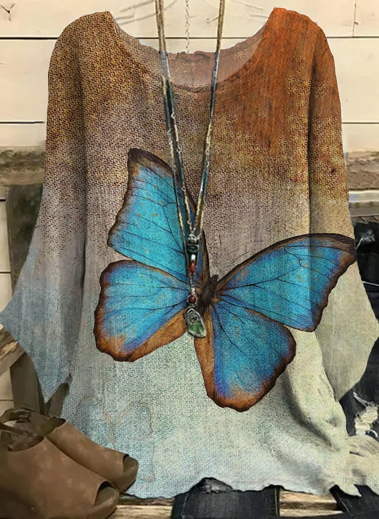 Women's Vintage Butterfly Art Printed Half Sleeved Top