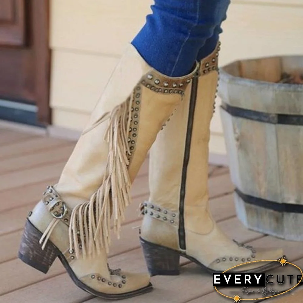 Womens Knee High Boots Leather Riding Boots Medieval Western Cowgirl Boots Tall Boots Autumn Winter Warm Pointed Toe Flat Martin Boots Fashion Ladies Chunky Heel Ankle Boots Shoes