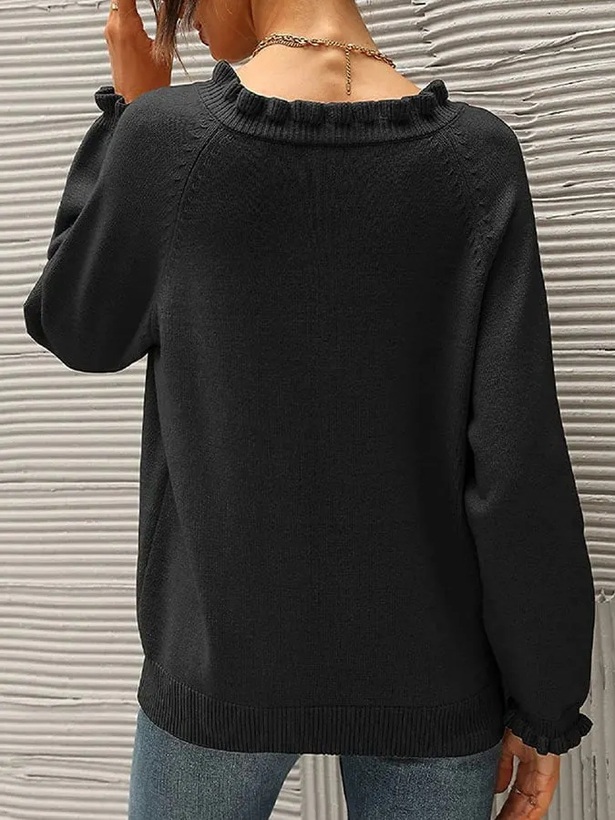 Casual Long Sleeve Button Ruffle Sweater