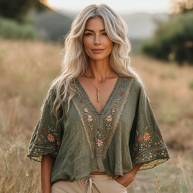Women's Bohemian Retro Flowers Linen Blend Cozy T-shirt