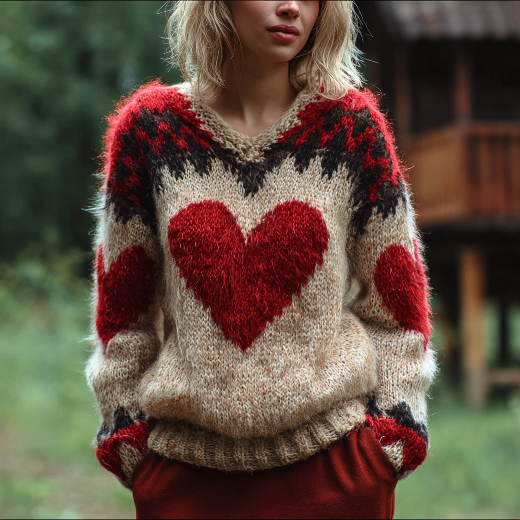 Valentine's Day Love Heart Pattern Women's V-neck Sweater wearshes
