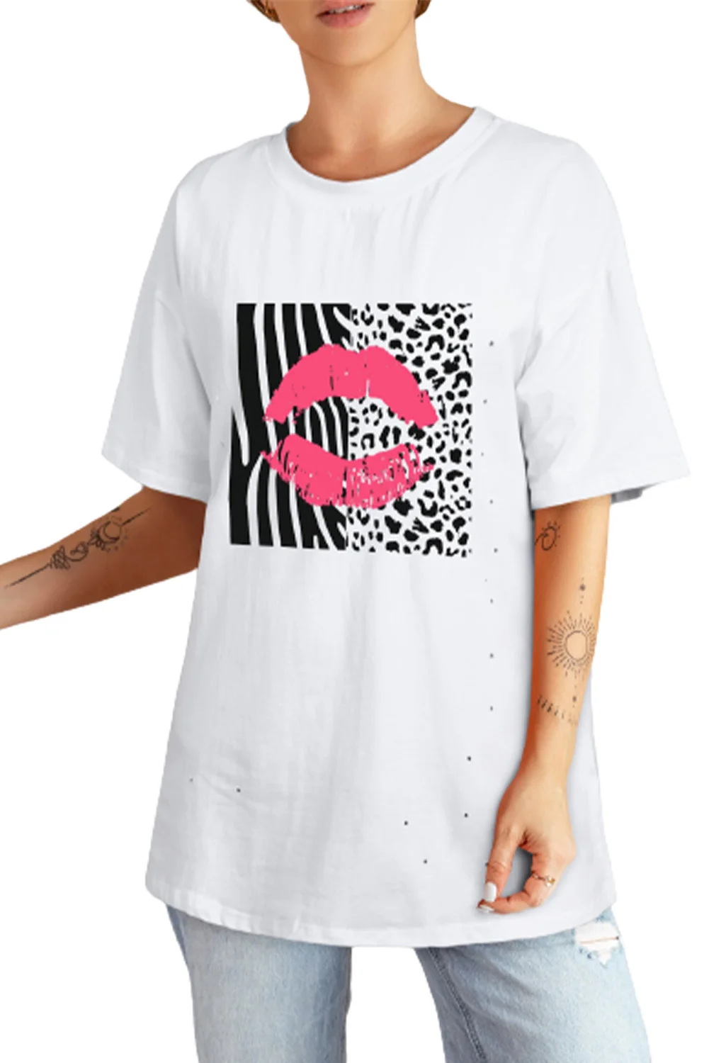 White Kiss Leopard Graphic Oversized Tee