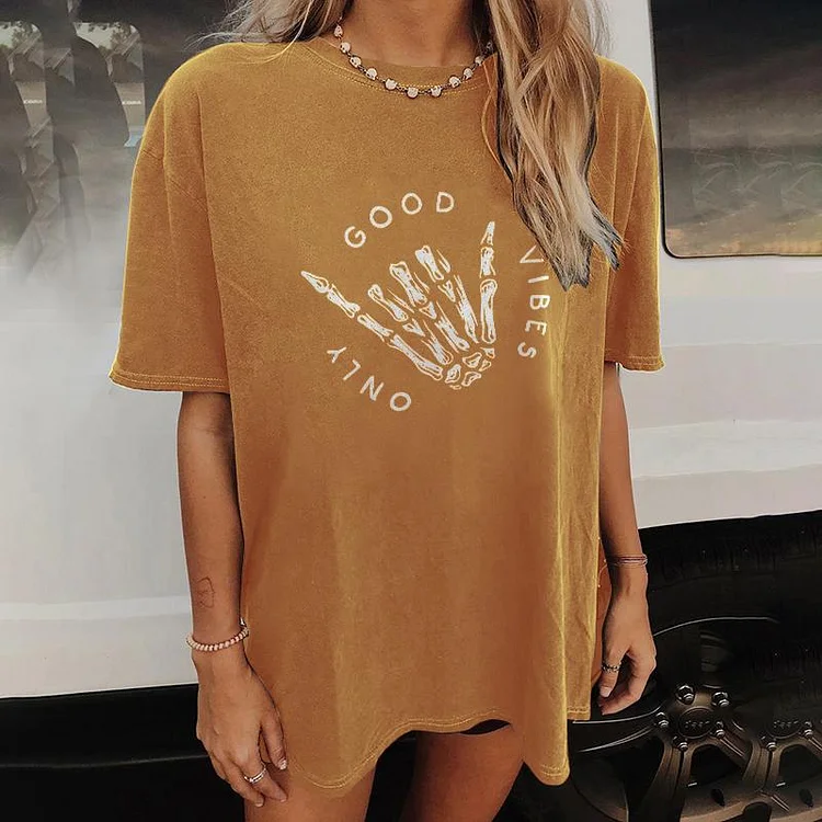 Only Good Vibes Skull Hand Printed T-shirt