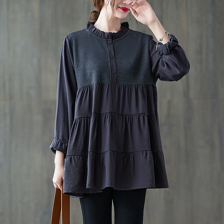 Retro Pleated Stand Collar Long Sleeve Shirt