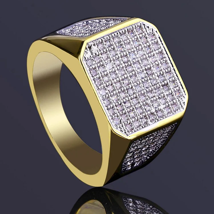 Iced Out Square Full Rhinestone Gold Ring For Men