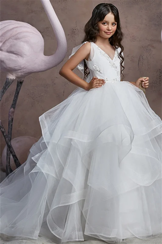 Fabulous White V-Neck Ruffles Sleeves Flower Girl Dress Tulle Online - lulusllly