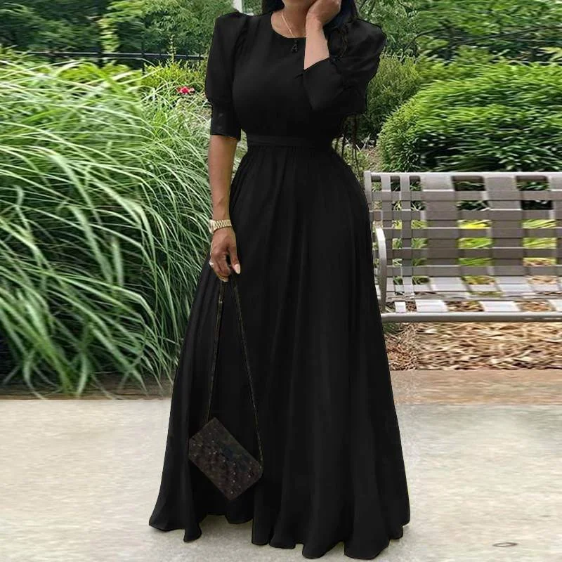 Fashion Women Maxi Dress Summer Puff Sleeve Solid Long Vestidos ZANZEA 2022 Elegant O Neck Kaftan Party Sundress Lace Up Dresses