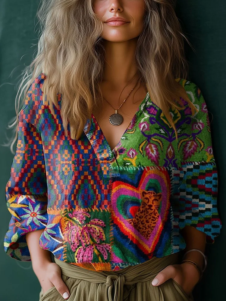 Women's Vintage Floral Art Print Casual Cotton And Linen V-neck Shirt
