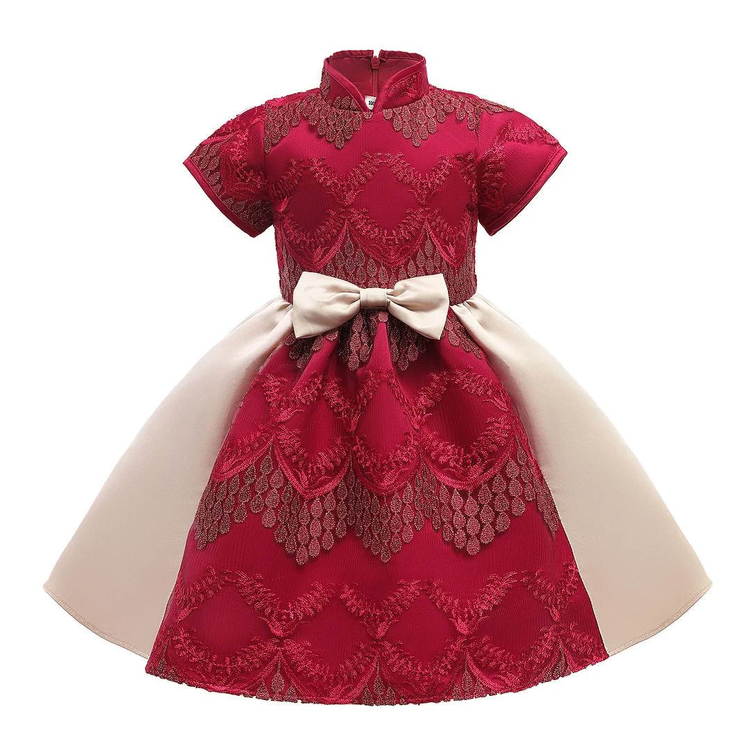Buzzdaisy Flowers Princess Dress For Girl Stand Collar Bow-Knot Solid Color Short Sleeve Machine Wash Cotton Children'S Birthdays