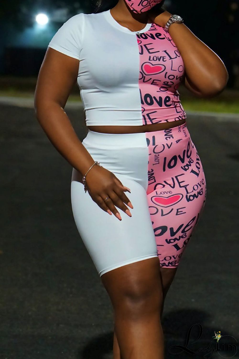 Black Casual Print Split Joint O Neck Short Sleeve Two Pieces