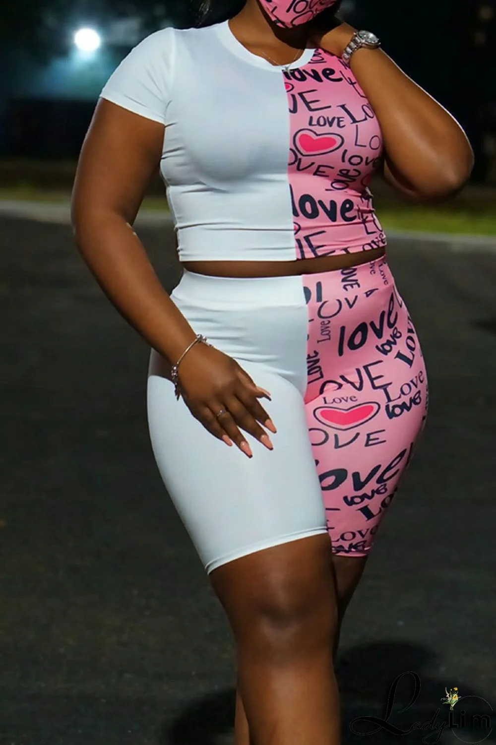 Black Casual Print Split Joint O Neck Short Sleeve Two Pieces