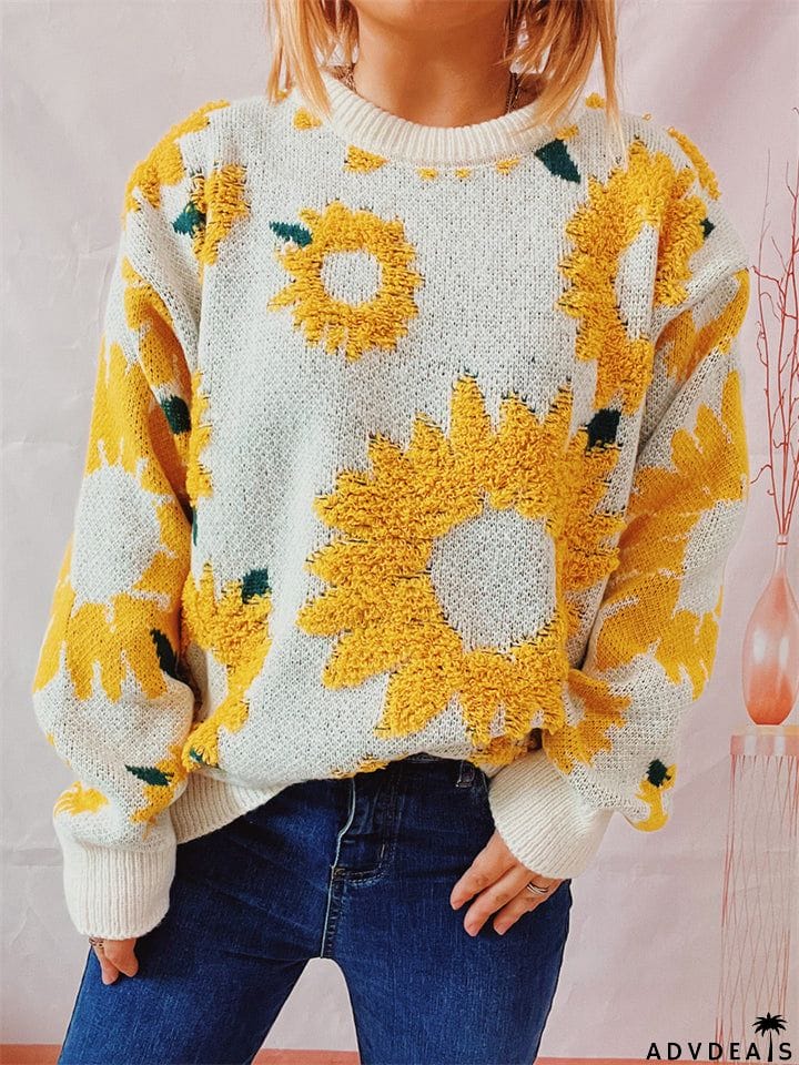Female Sunflower Crew Neck Pullover Knit Sweater