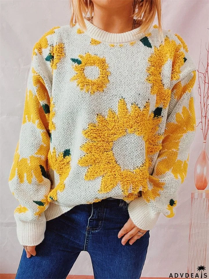 Female Sunflower Crew Neck Pullover Knit Sweater