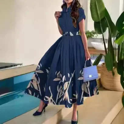 Wongn Wongn Shirt Collar Large Hem Positioning Floral Print Short Sleeve Button Dress Belt Belt