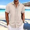 Camicia da uomo a maniche corte jacquard rigata in cotone e lino con revers