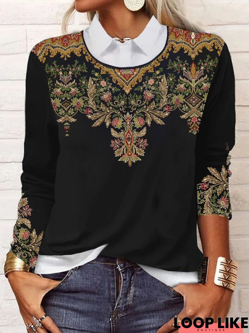 Loose Casual Ethnic Printed Color Block Jersey Top