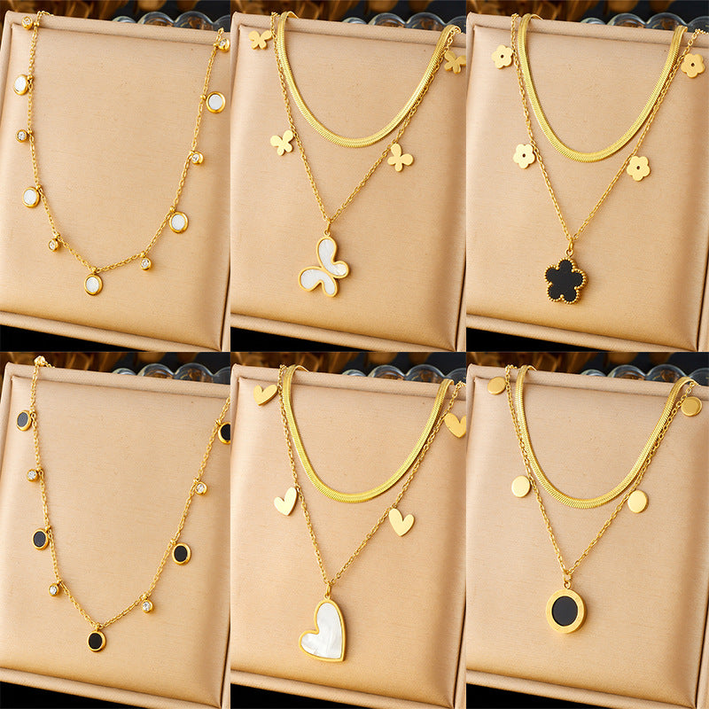 Korean Style Fashion Simple Stacking Double Layer Love Butterfly Stainless Steel Flower Accessories Chain Pendant Necklace