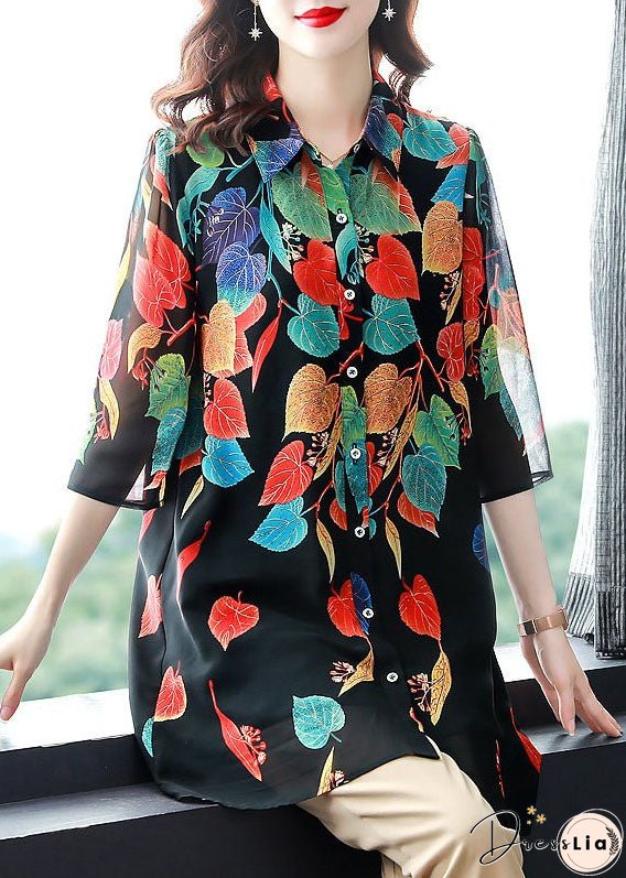 Style Black Button Print Patchwork Chiffon Shirt Tops Summer
