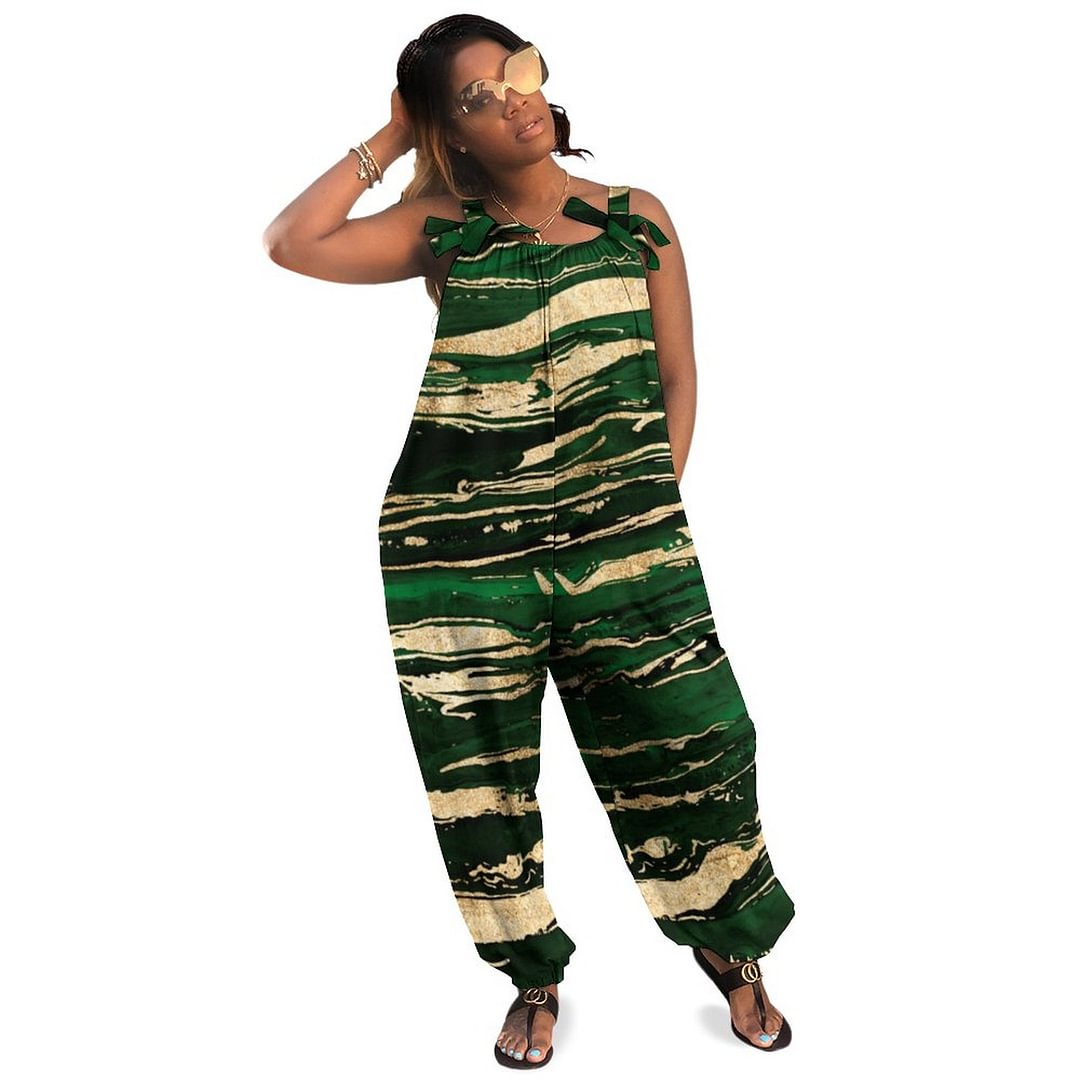 Stylish Green Gold Abstract Marbleized Paint Boho Vintage Loose Overall Corset Jumpsuit Without Top