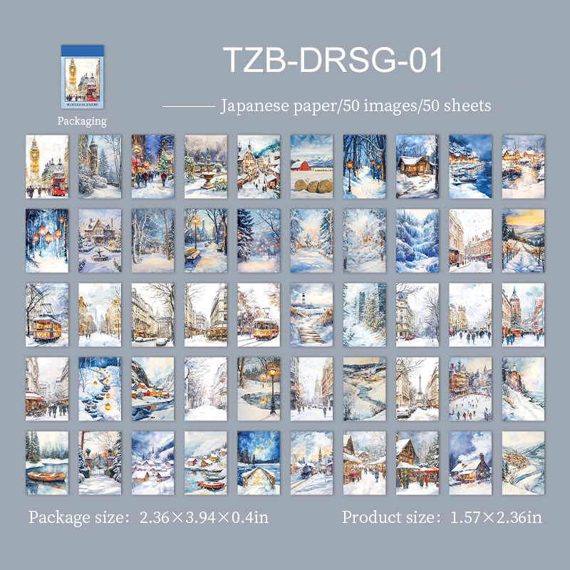 미니 와시 스티커북 - 겨울 풍경 시리즈 빈티지 눈 도시 거리 풍경