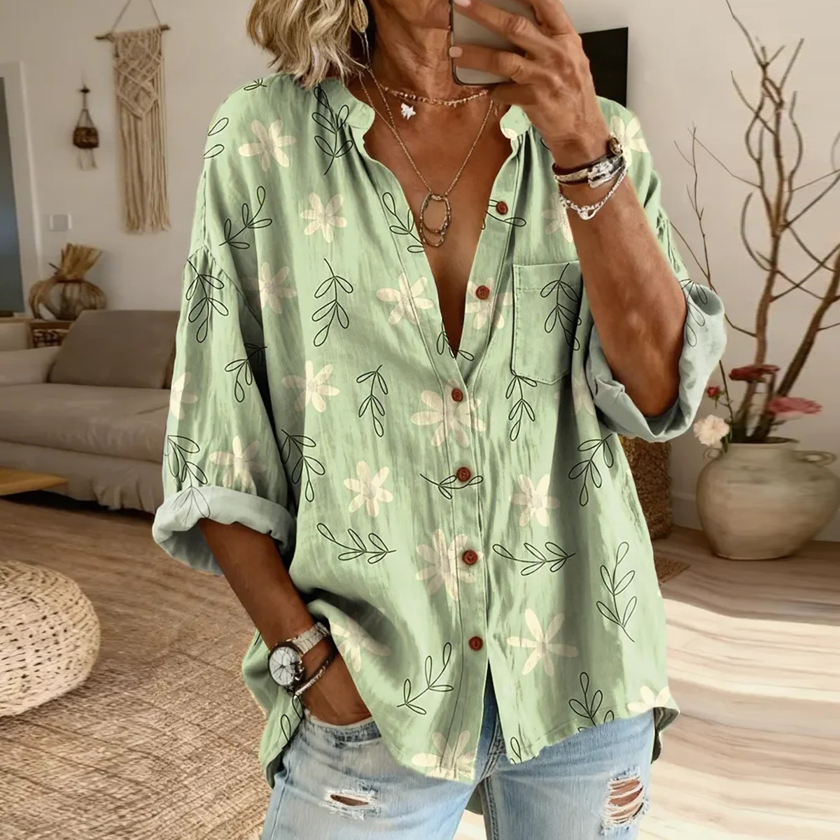 Ethnic Bohemia Flowers Light Green Women's Vintage Art Print Casual Cotton And Linen Shirt elevenforest