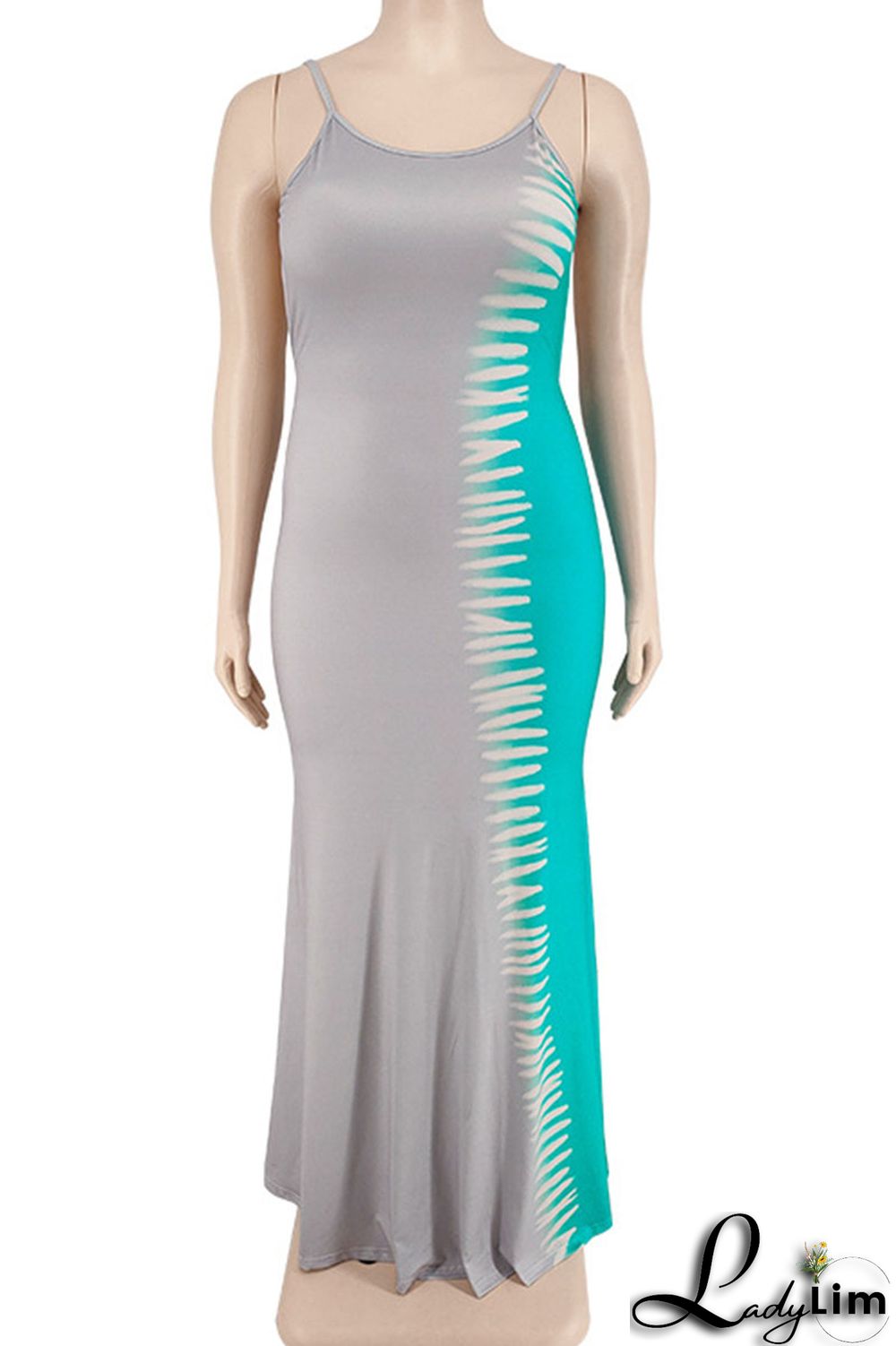 Blue Sexy Print Patchwork Spaghetti Strap Straight Dresses