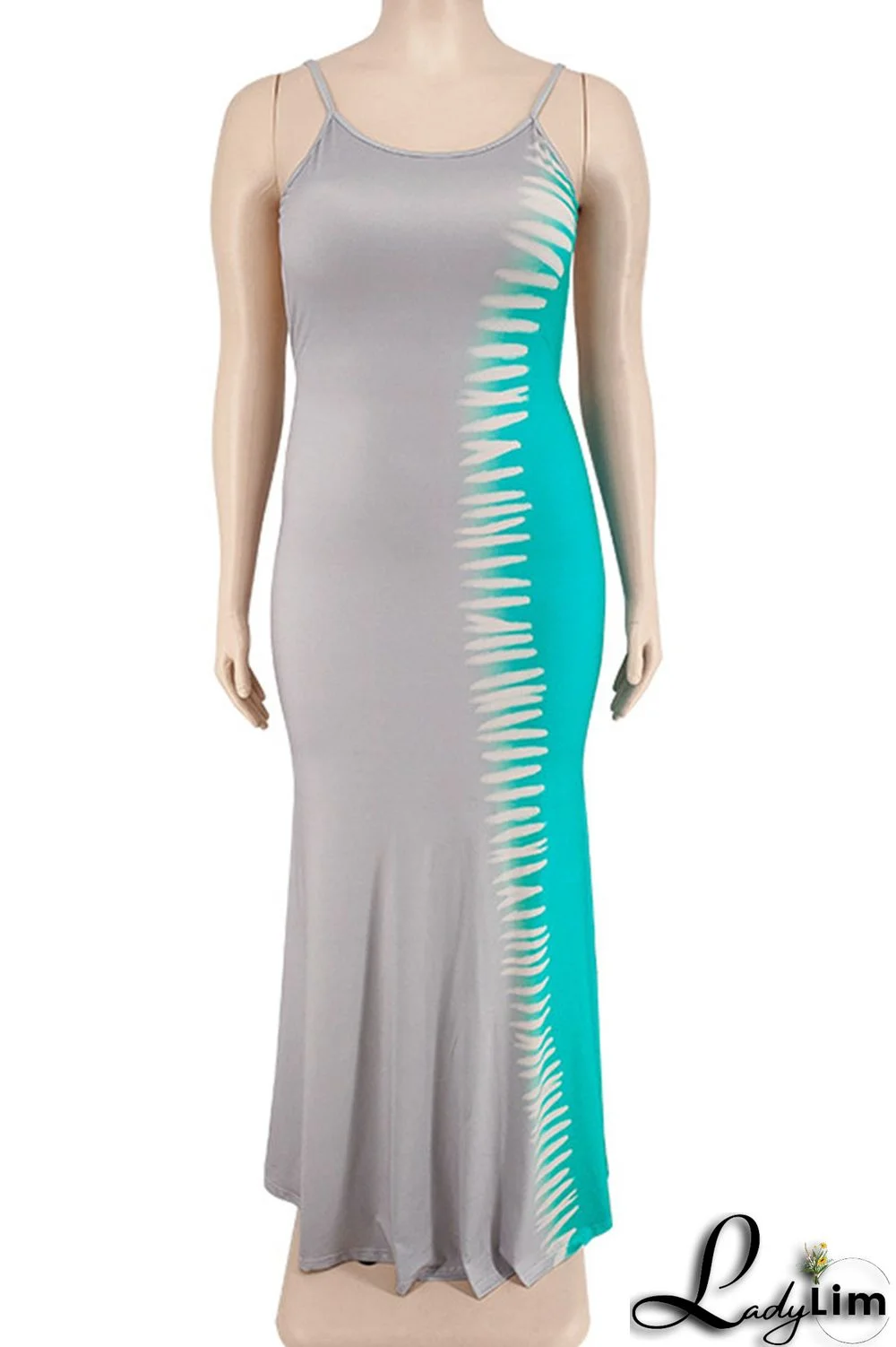 Blue Sexy Print Patchwork Spaghetti Strap Straight Dresses