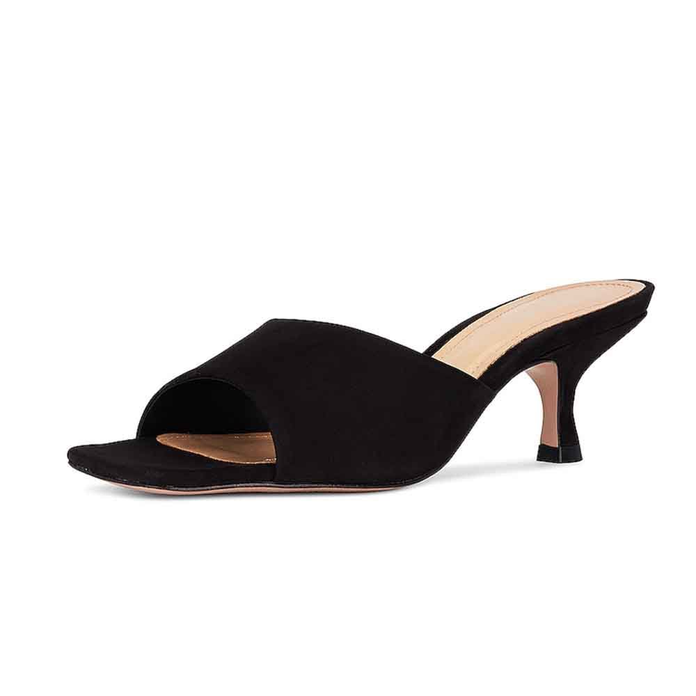 Black Suede Opened Square Toe Wide Band Mules With Kitten Heels Nicepairs