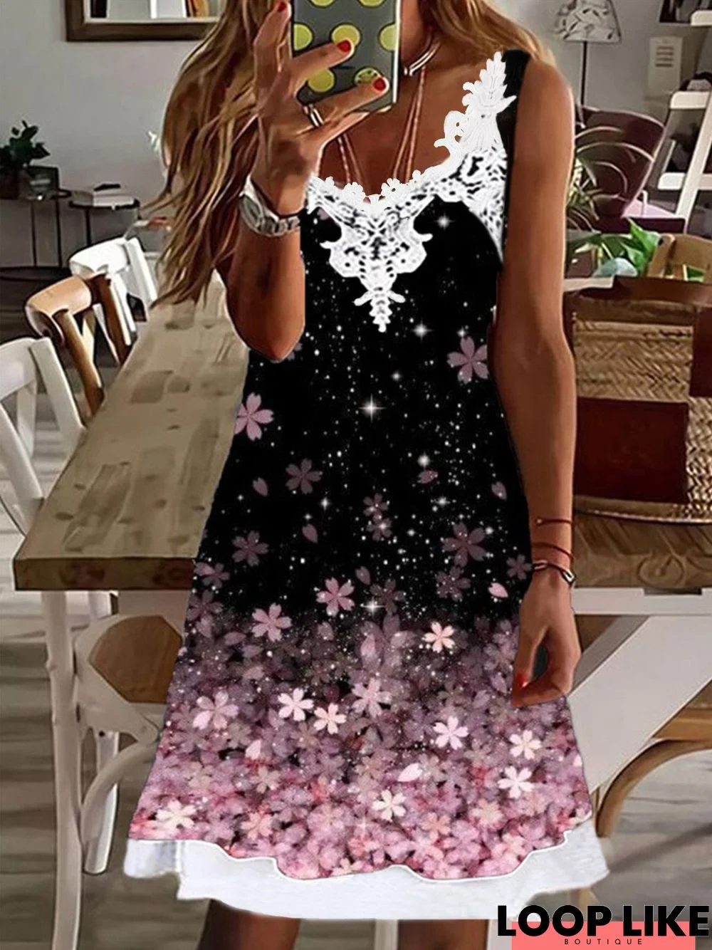 Casual Floral V Neck Sleeveless Knit Dress