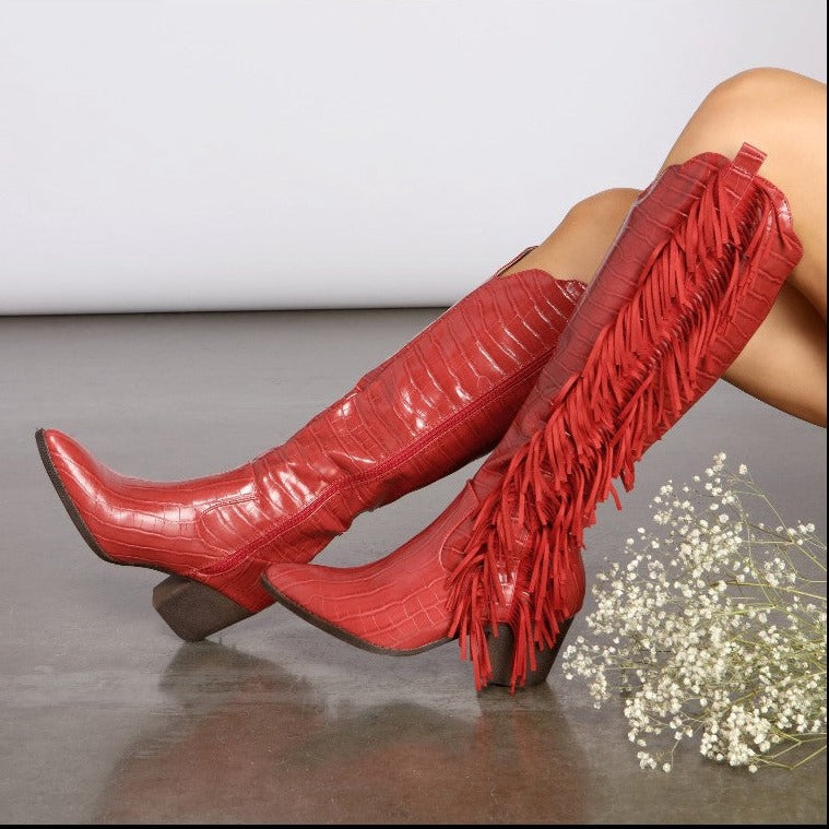 Women's knee high fringe cowboy boots pointed toe block heels western boots