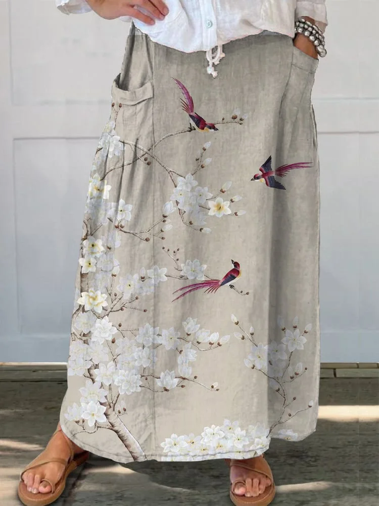 Stylish And Elegant Flowers Birds Printed Women's Casual Cotton And Linen Skirt