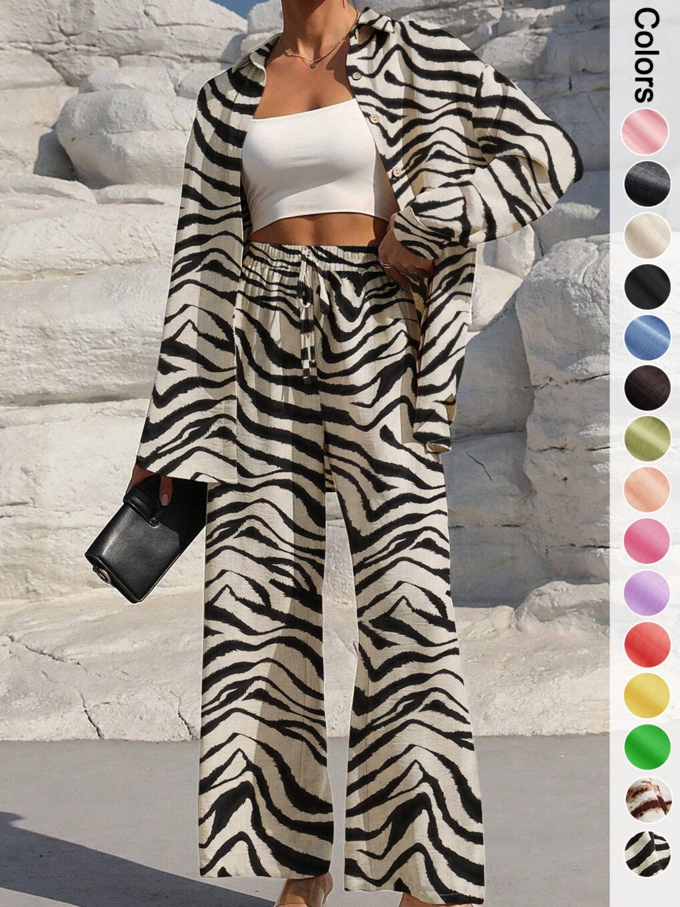 Women's Casual Sporty Shirt and Pants Set, Loose-Fit Zebra Stripe Two-Piece Suits, Ideal for Home Relaxation and Vacation