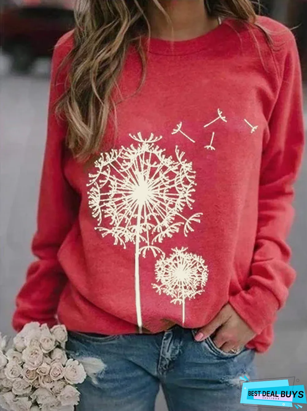 Crew Neck Boho Printed Cotton-Blend Hoodies & Sweatshirt