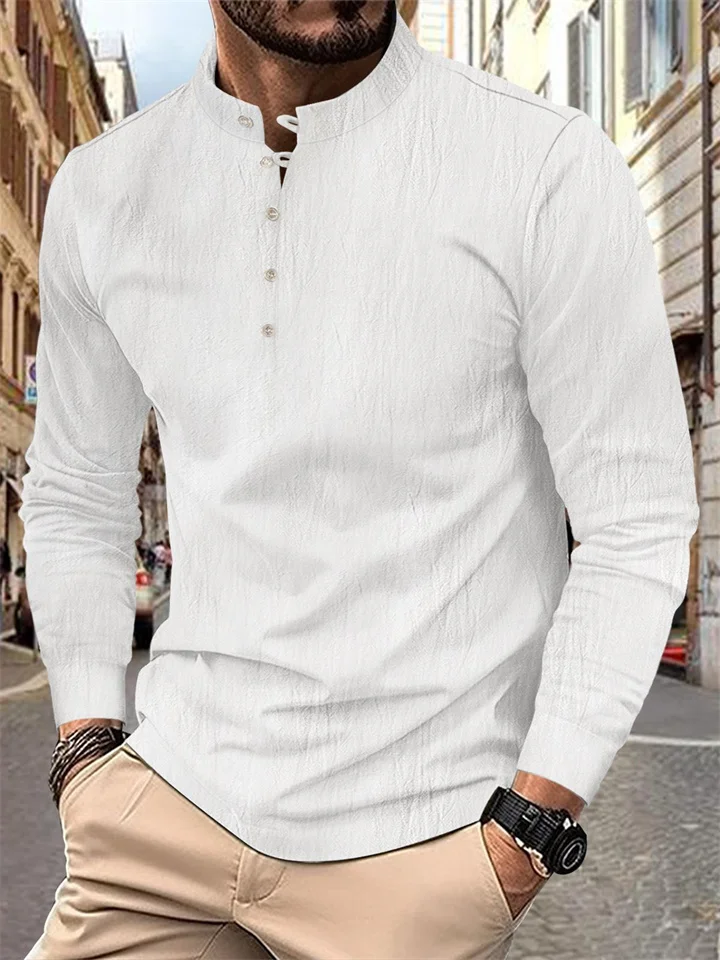 New Men's Retro Cotton and Linen Casual Henley Shirt Buttons Long-sleeved Collar T-shirt-JRSEE