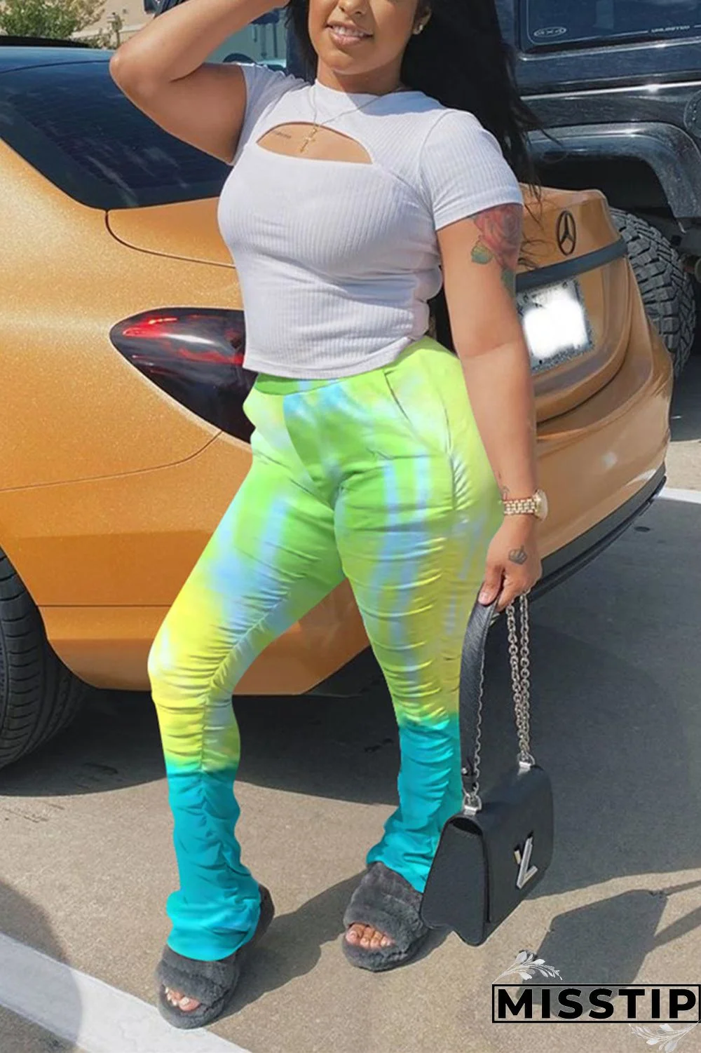 Fluorescent green Fashion Casual Printed Slim Trousers
