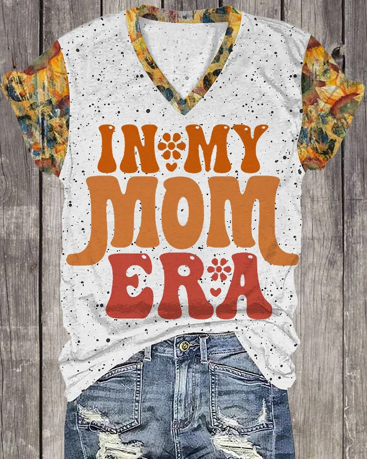 In My Mom Era Ink Leopard Print V Neck Short Sleeve T-shirt