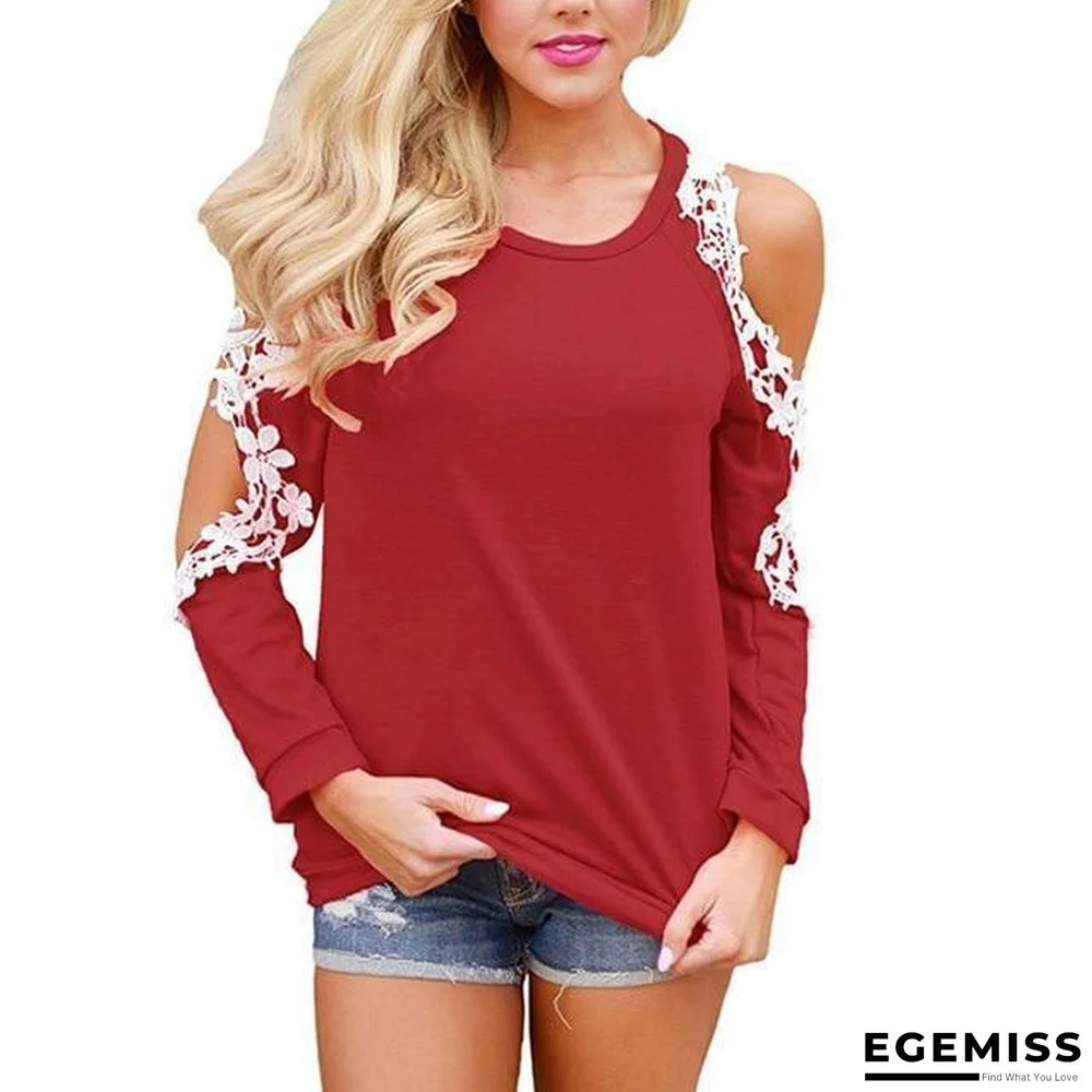Women Cold Shoulder Long Sleeve Lace Blouse Causal Loose Solid Tops Tees | EGEMISS